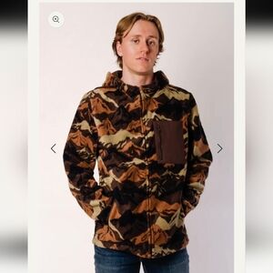 Free Nature Mountain Pattern Full Zip Polar Fleece Hooded Jacket Men Size Large